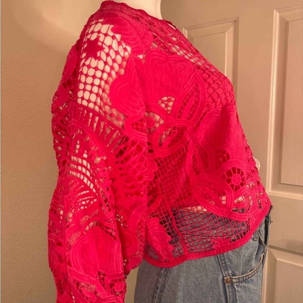 Farm Rio Boohoo Alucina Puff-Sleeve Guipure Pink Crop Top Size Small - Picture 6 of 13